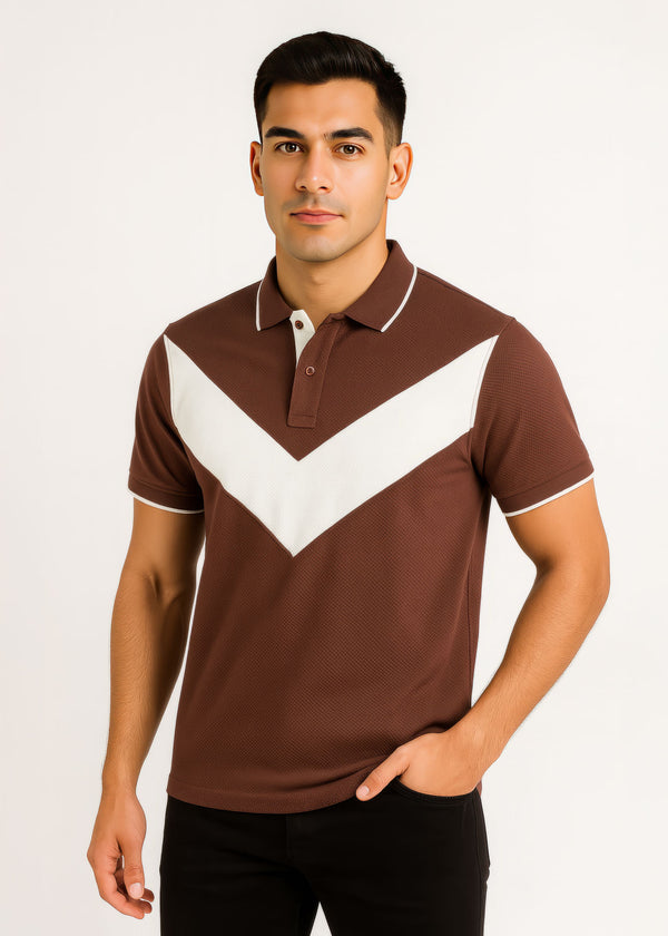 Chocolate Brown and White Color Block Popcorn Polo Shirt