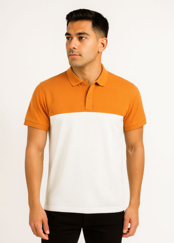 Rust and White Color Block Popcorn Polo Shirt