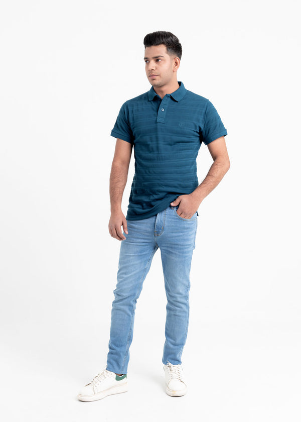 Teal Striper Pique Polo Shirt