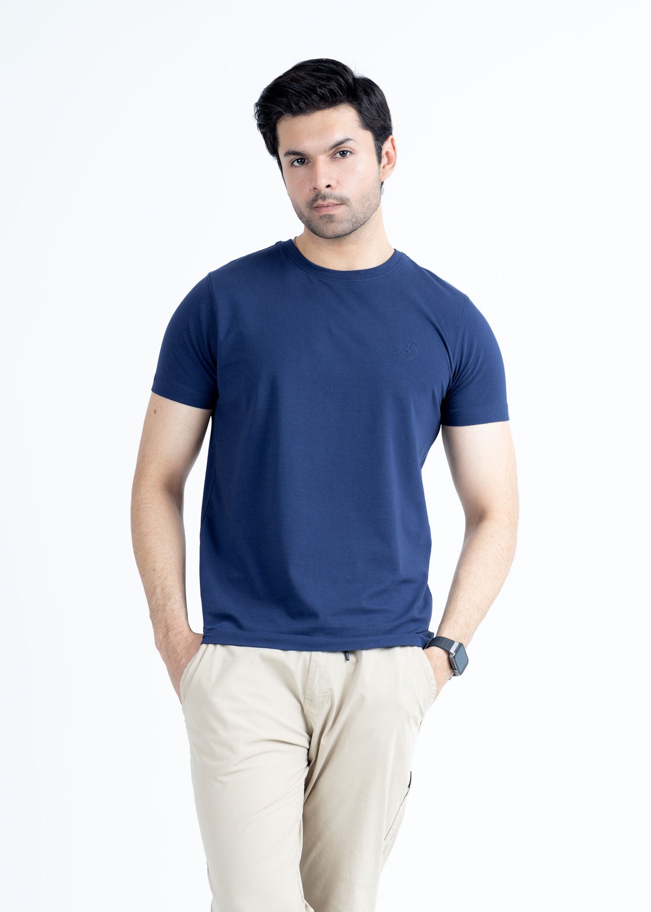 Basic Navy Blue Lycra Jersey T-Shirt